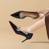 Stylish Black High Heels, Thin Heels, Side Empty Pointed Head, Shallow Mouth Dress, Simple and Versatile Patent Leather, Spring and Summer Red-soled