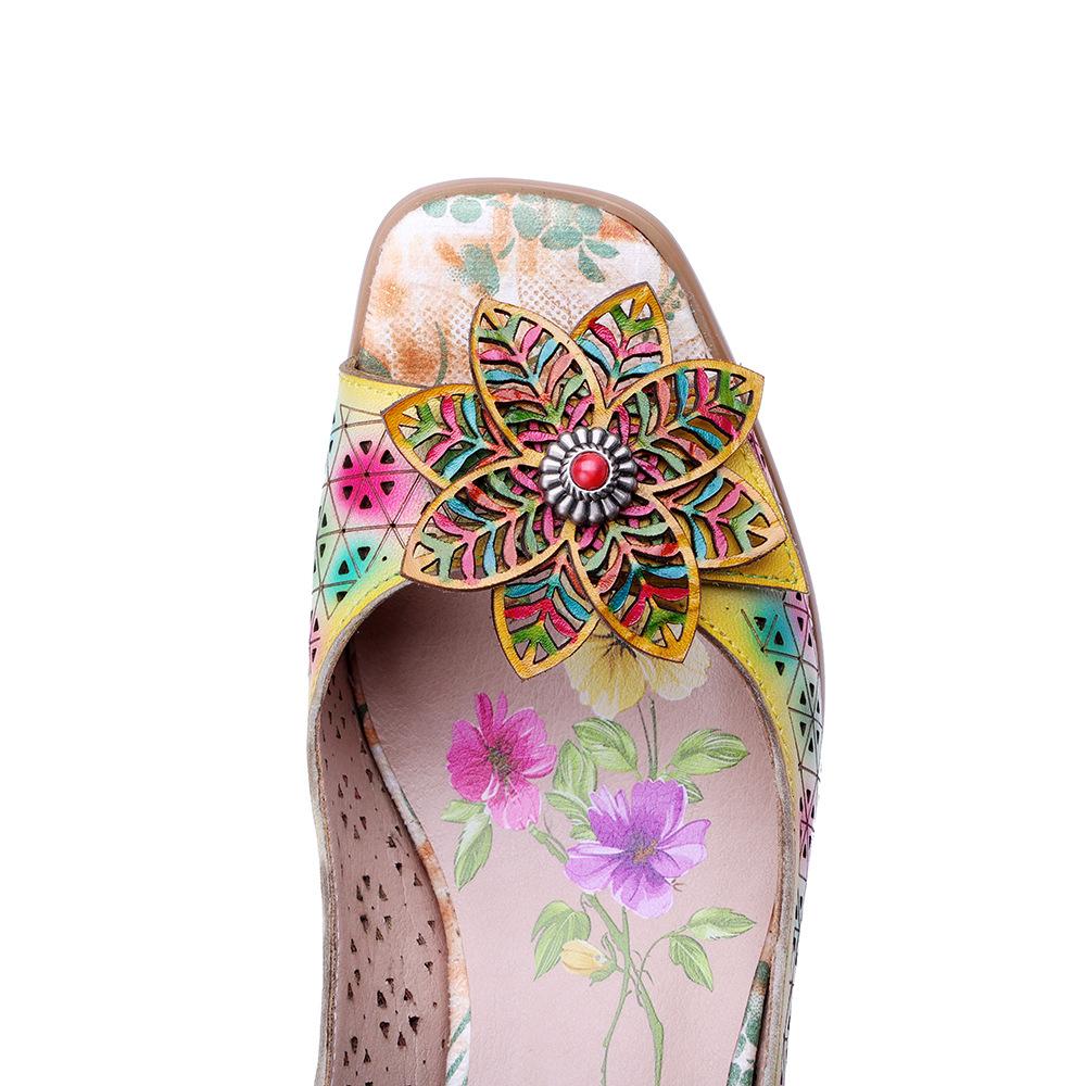 Johnature Genuine Leather Retro Baroque Style Hollow Out Colorful Three-dimensional Flower High-heeled Sandals