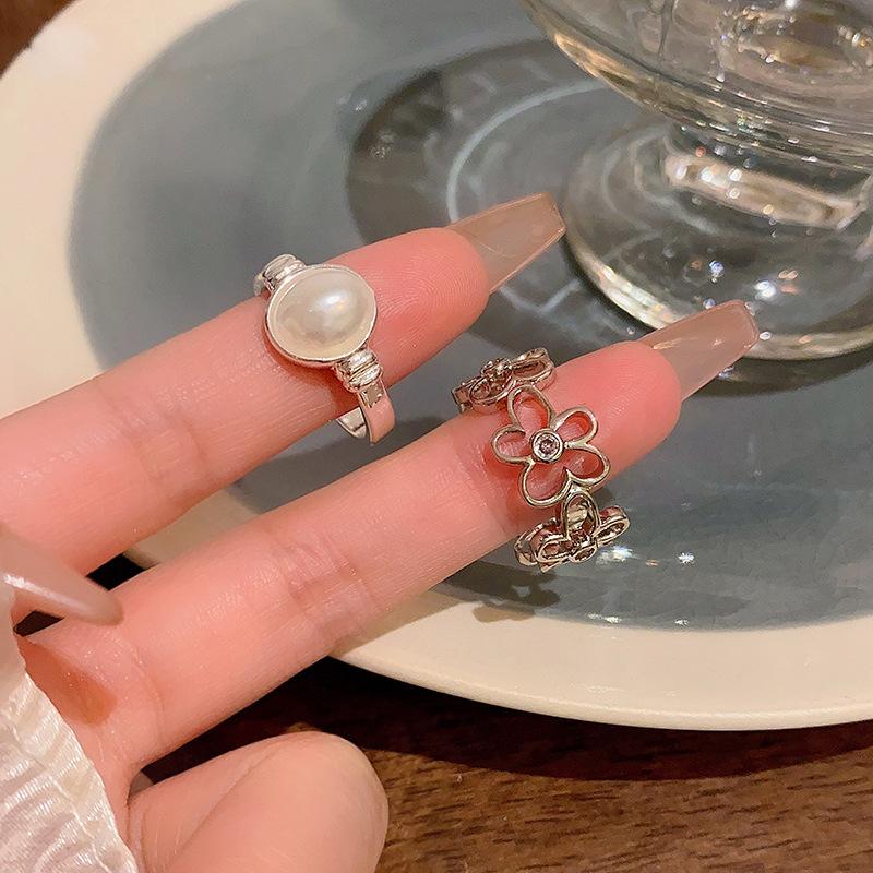 Zircon Pearl Flower Opening Ring Women's Cold Wind Index Finger Ring New Ring