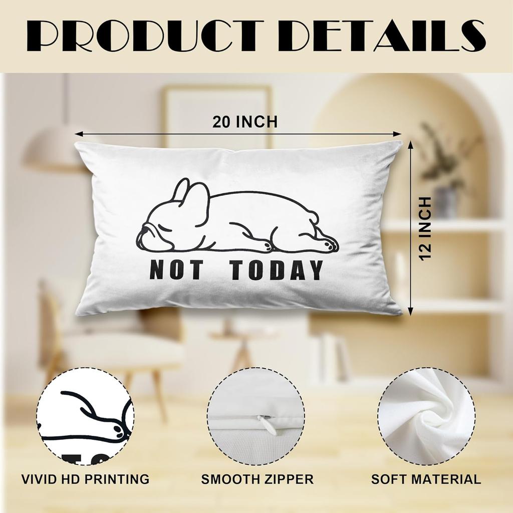 Cute Not Today French Bulldog Throw Pillow Covers 12x20 inch, Funny Pug Dog Pillowcases Home Decor for Bed Couch Sofa Therapy Office Living Room,