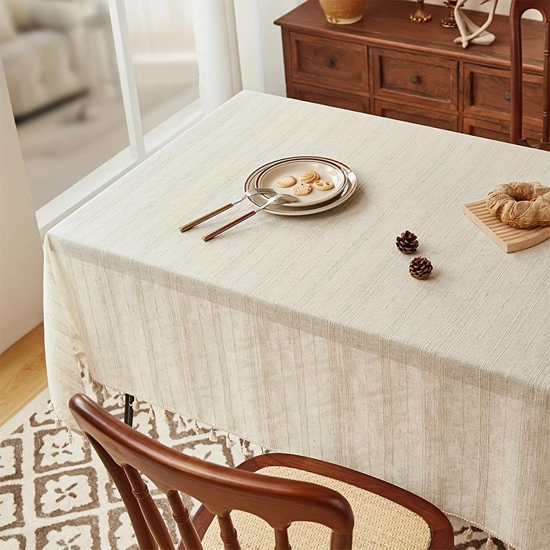 

Изящная бежевая льняная скатерть с вышивкой в виде колосьев пшеницы и кистями - квадратная, идеально подходит для декора Хануки и повседневной обеденной зоны, покрытие для стола 140*100cm бежевый