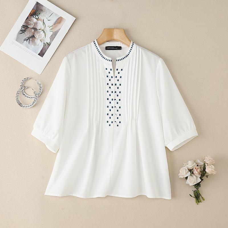 ZANZEA Women Casual Round Neck Loose Half Sleeve Geometric Embroidery Blouse