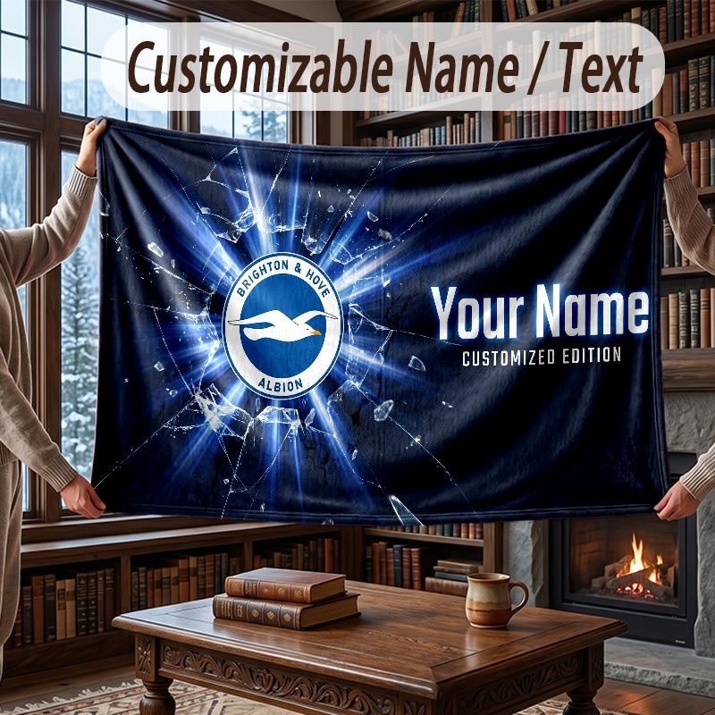 Custom Name Flannel Throw Blanket Brighton & Hove Albion Football Pattern Warm Home Decoration