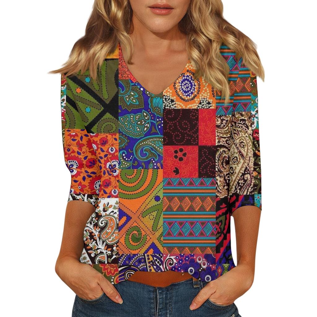 Women's Casual Fashion Sexy Comfortable V-Neck Floral Seven Sleeve Top