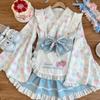 Uccellino Maid Outfit with Moe Lolita Kimono Apron with Gothic Strawberry Halloween Cosplay Japanese-Style Sleeves, Ribbon, Design, (Blue, L)