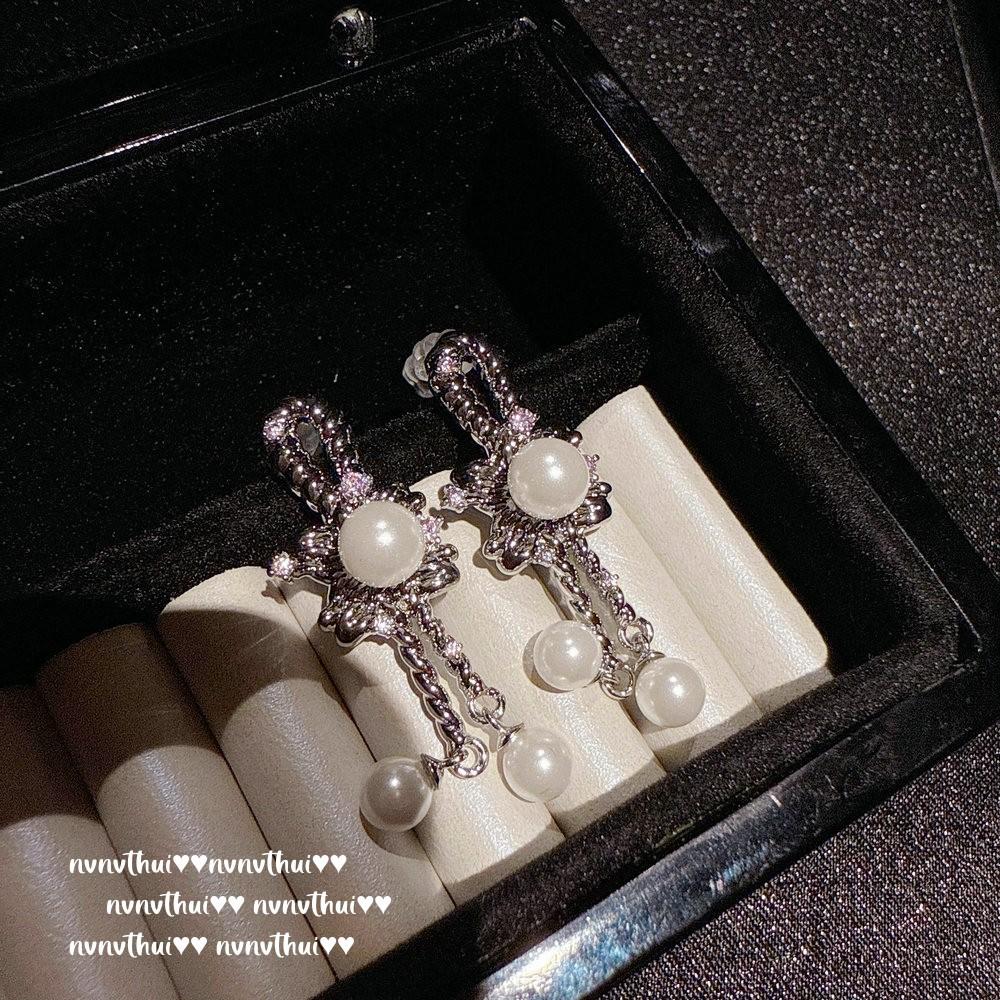 Flower Fairy, Wheat Ear Rope Bead Crystal Necklace Vintage Bow Pearl Earrings, Set