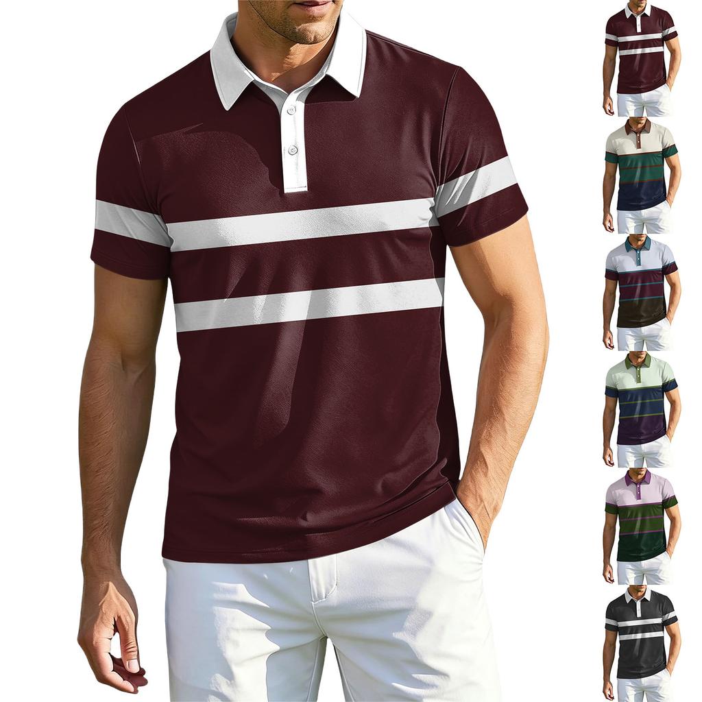 Men's Short Sleeve Polo Shirt Classic Fit Striped Print with Collar and Button Placket Casual Top
