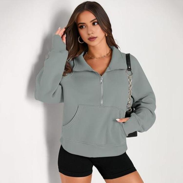 Thick Fall Winter Sweatshirt Casual Sport Top Loose Elastic Cuff Long Sleeves Half Zipper Turn Down Collar Big Pocket Pure Color Daily Wear