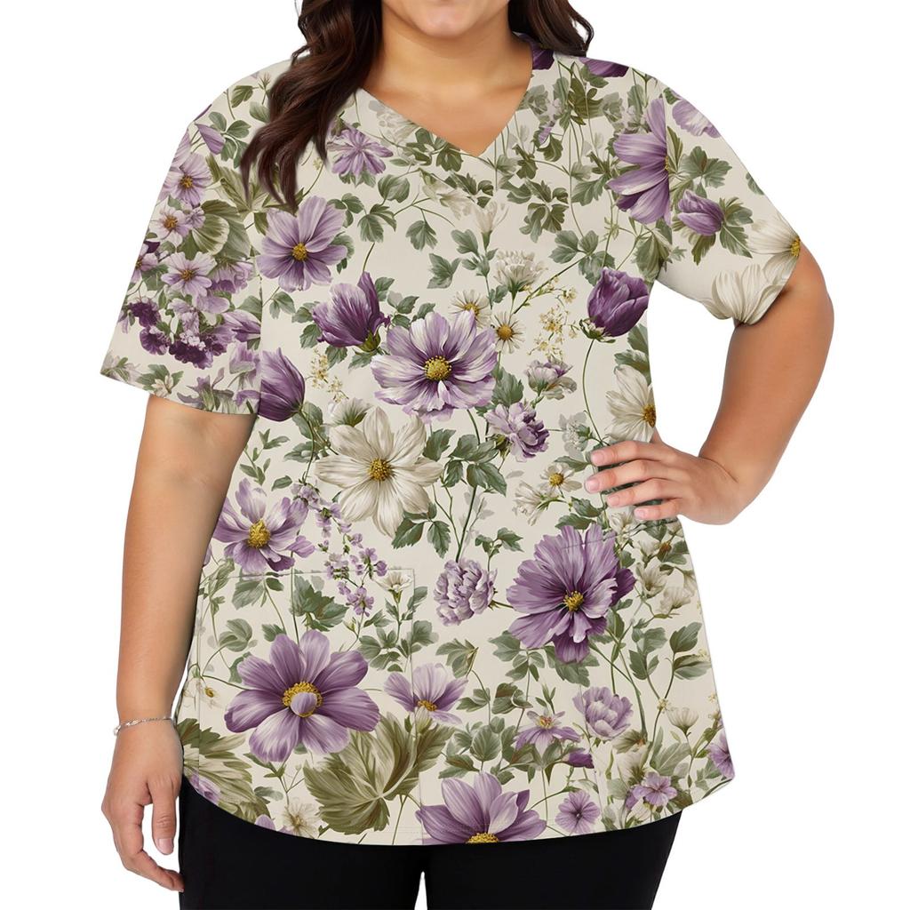 Women's Fashionable V-neck Short-Sleeved Work Top With Double Side Slits And Pockets, Featuring A Retro Floral Print.