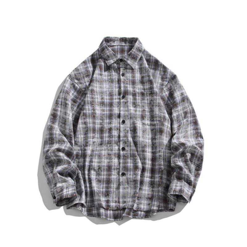 Spring and autumn high-end retro tie-dye plaid shirt men's long-sleeved versatile simple jacket