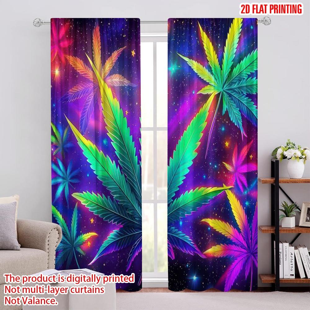 

2D flat printing 2pcs Window Curtains UV-Reactive Polyester Leaf Pattern 100% Polyester Without Electricity summer party 100*130 Grommet Top 1pcs