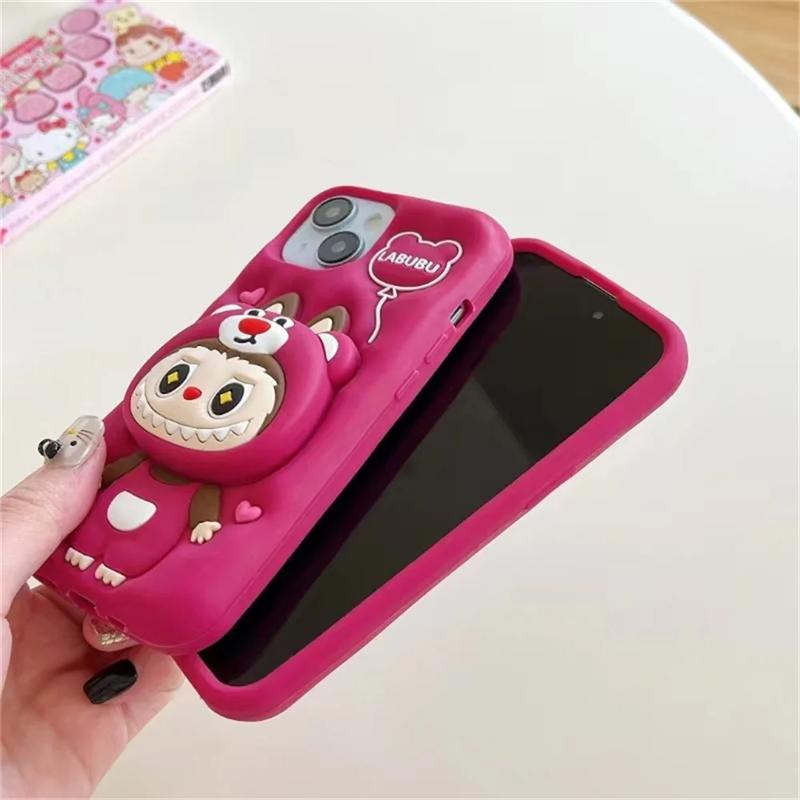 3D Cute Funny Cartoon Lotso Hat Labubu Holder Phone Case For iPhone 17 16 15 14 13 12 11 Pro Max Soft Silicone Cover