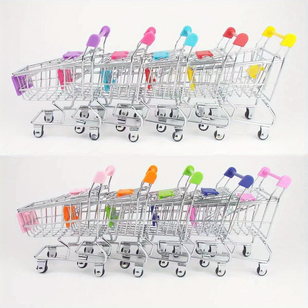 Colorful Mini Shopping Cart Decoration - Plastic Desktop Organizer with 4 Wheels and Side Pockets, Suitable for Desk decoration