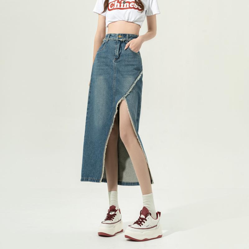 

Нестандартная упаковка юбка-трапеция на бедрах Design Sense джинсовая юбка из мешковины с высокой талией средней длины открытая полуюбка женская модная джинсовая юбка-бюстье 2XL джинсовый