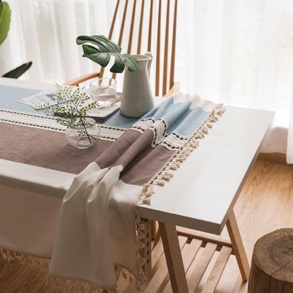 Tassel Cotton Linen Fabric Dust Proof Tablecloth Table Cover Tabletop Decoration(Brown 55*55in)