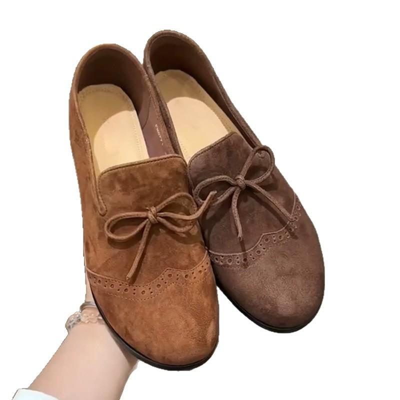 Cowhide version~ Korean version of genuine leather round head flat bottom small leather shoes women's retro suede bow Brock single shoes women's tide