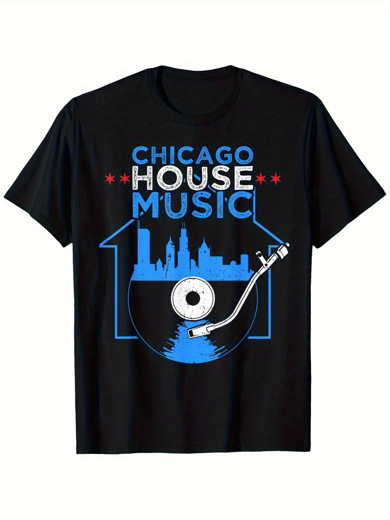 Vintage Chicago House Music Print with Vinyl Skyline TShirt 100 Cotton ONeck Short Sleeve Summer Casual Mens Tshirt S