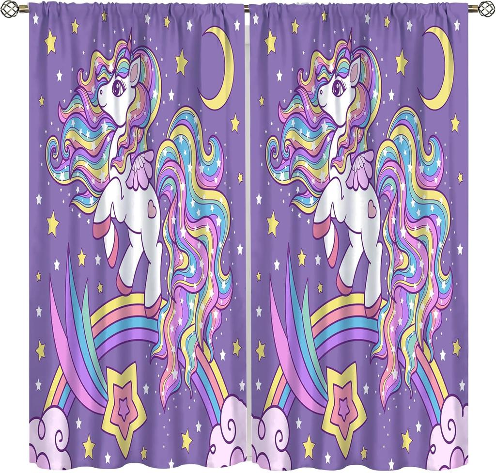 Kids Unicorn Curtains Purple Cartoon Rainbow Room Boys Girls Baby Decor Living Blackout Made Of Polyester Window Treatment
