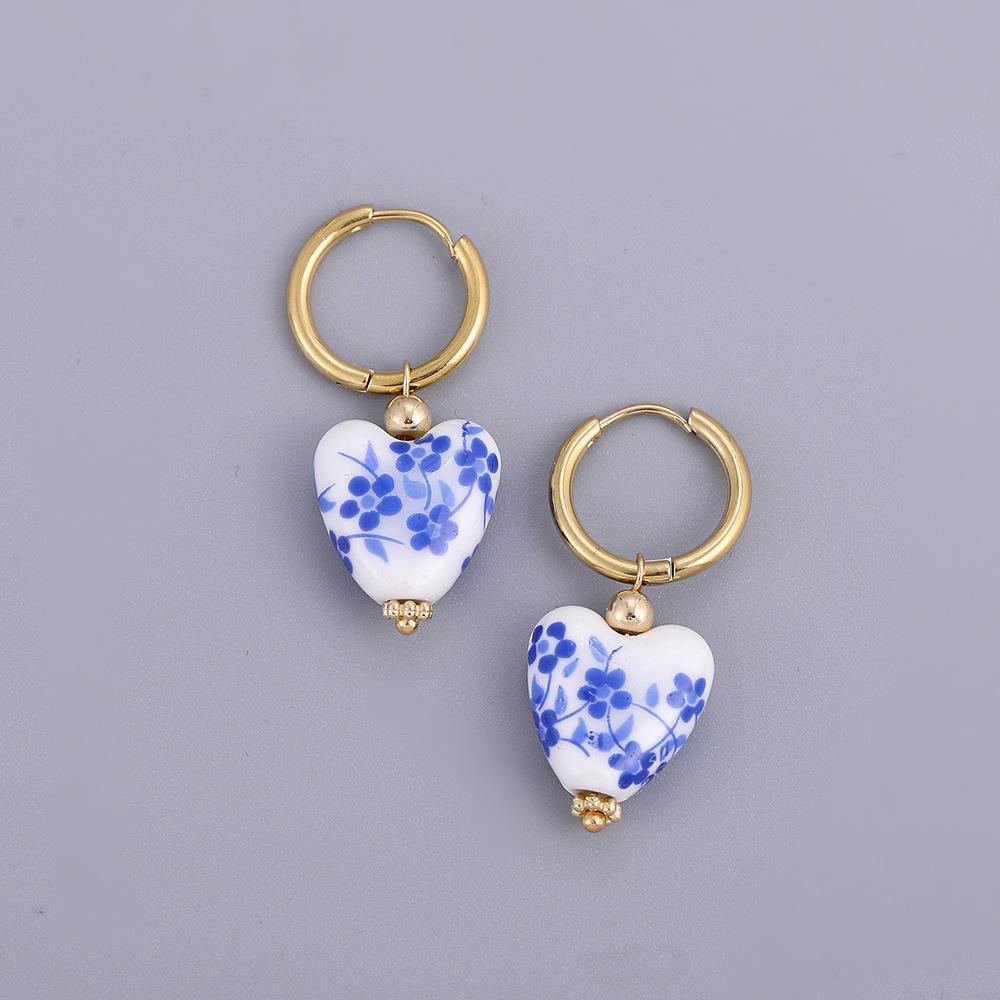 Blue and White Porcelain Teapot Pendant Earring Vintage Ceramic Heart Ball Pearls Dangle Earrings Stainless Steel Jewelry Gift