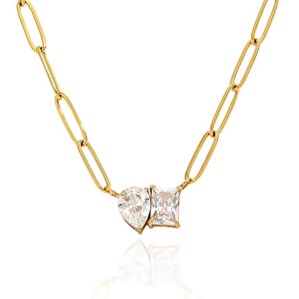 Exquisite Square&Waterdrop Cubic Zirconia Paper Clip Link Chain Necklace Fashion Stainless Steel Necklace for Women Jewelry