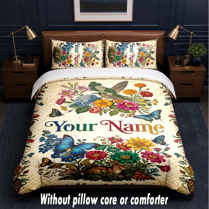 Floral Theme Custom Text Or Name 3Pcs Bedding Set,1 Flat Sheet & 2 Pillowcases Personalized Home Bedding