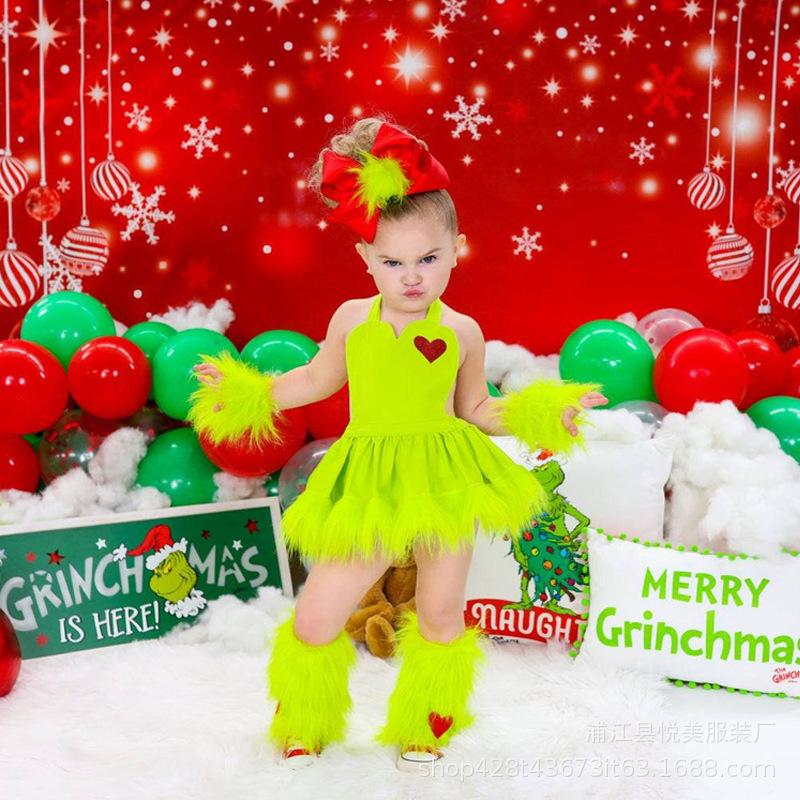 Christmas Costume Green Hair Grinch Short Skirt Cartoon Fairy Skirt Cosplay Princess Dress Performance Dress