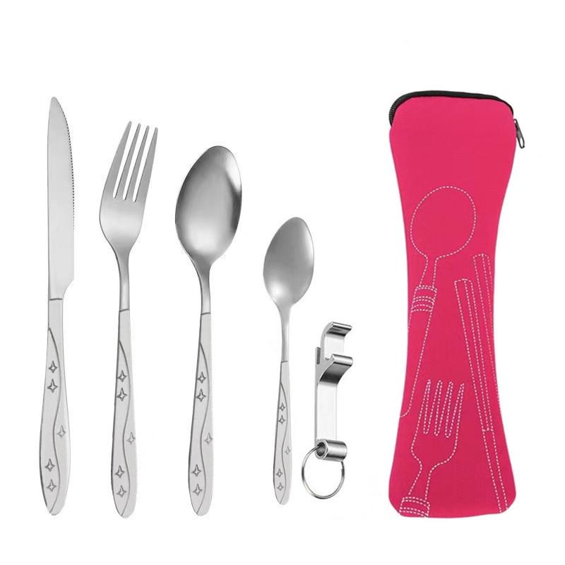 Tragbares Edelstahl-Besteckset - 5-teiliges Reisebesteck mit Messer, Gabel, Löffel und kleinem Löffel für Camping & Outdoor