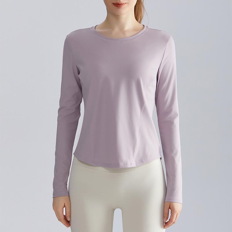 Chuandun Women's Slim Fit Quick-Dry Yoga Top - Long Sleeve, Breathable, Round Neck, Curved Hem