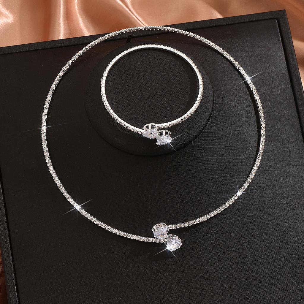 Collar Bracelet 2-Piece Set, Pearl Zircon Love Triangle Round Fashion Temperament