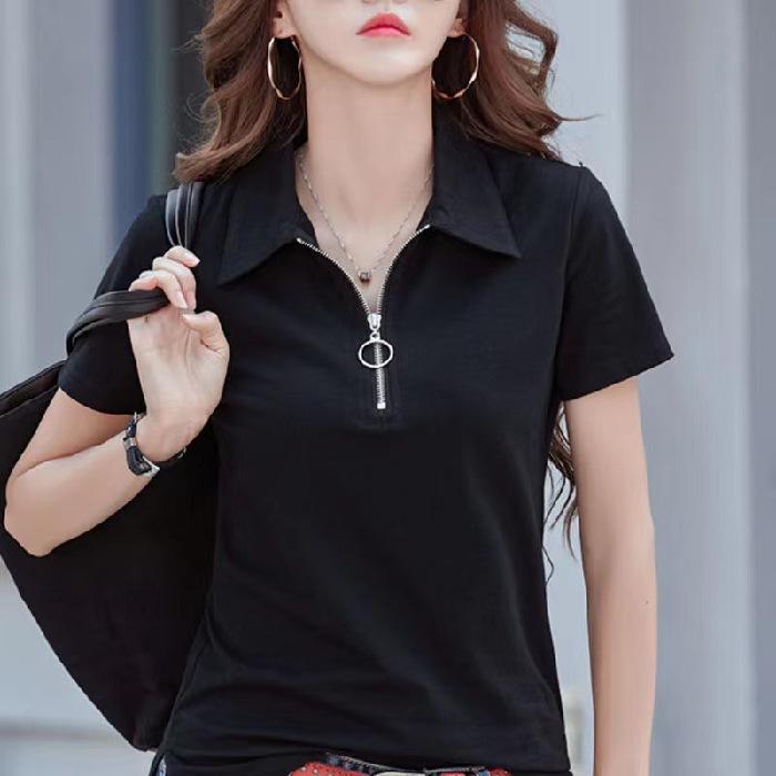 

Женская белая футболка с коротким рукавом и воротником на молнии 2025 - Стильный, Модный Летний Топ 2XL чёрный