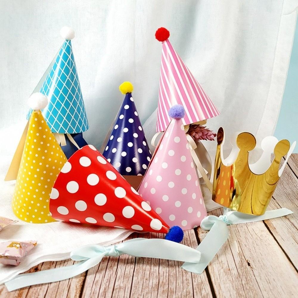 Polka Dot Birthday Party Hats Colorful Paper Birthday Hat Set DIY Handmade with Pom Poms Party Cone Hats Birthday Party