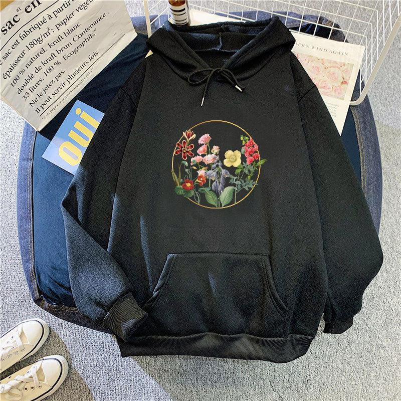Autumn New Flower Print Sweatshirt for Women Oversize Loose Casual Velvet Hooded Hoodie Top for  Student