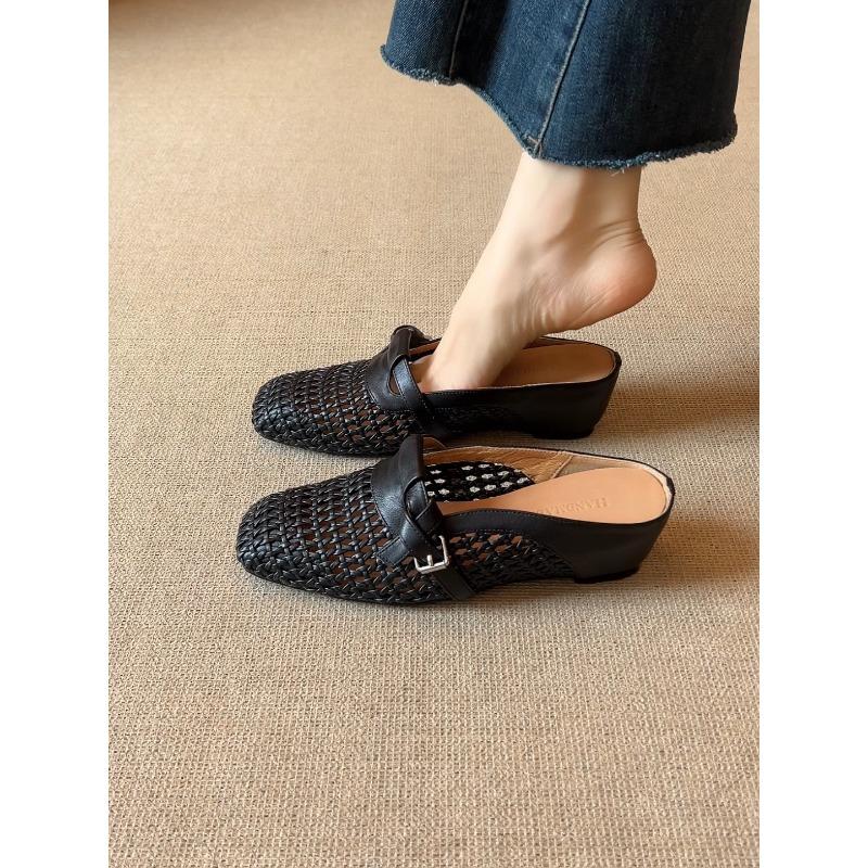 Sheepskin~ Baotou half slippers women's summer outer wear inner height-increasing hole shoes one pedal woven breathable cool single shoes