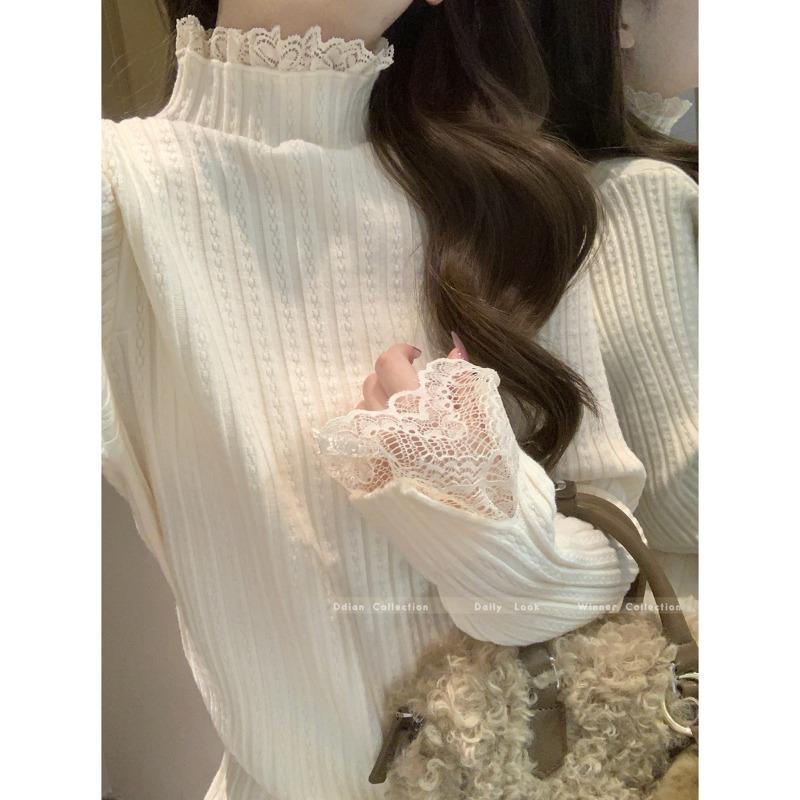 Temperament lace semi-turtleneck top women's autumn and winter slim-fit stacked design sense with knitted sweater fashionable bottoming shirt