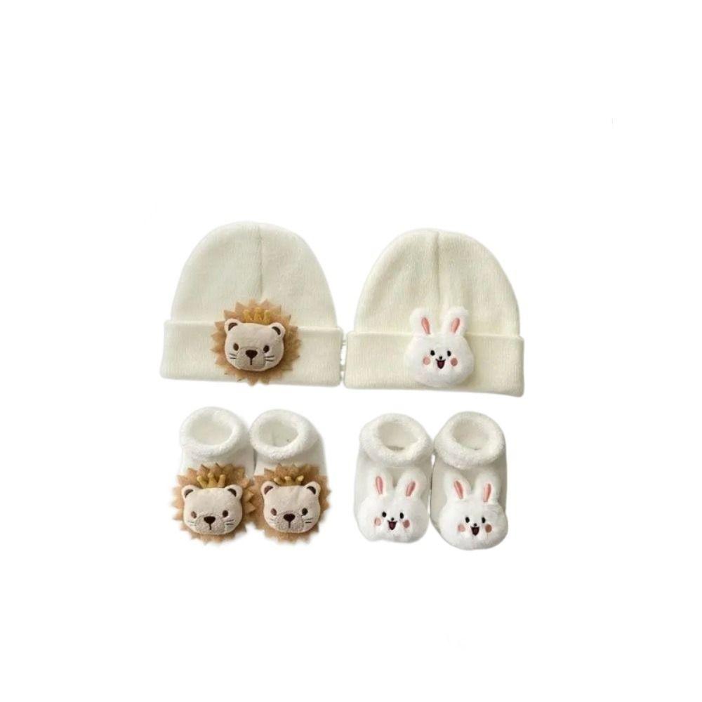 2PCS/Set Cartoon Baby Hat Socks Winter Knitted Newborn Short Socks New Pullover Hats Boy Girl