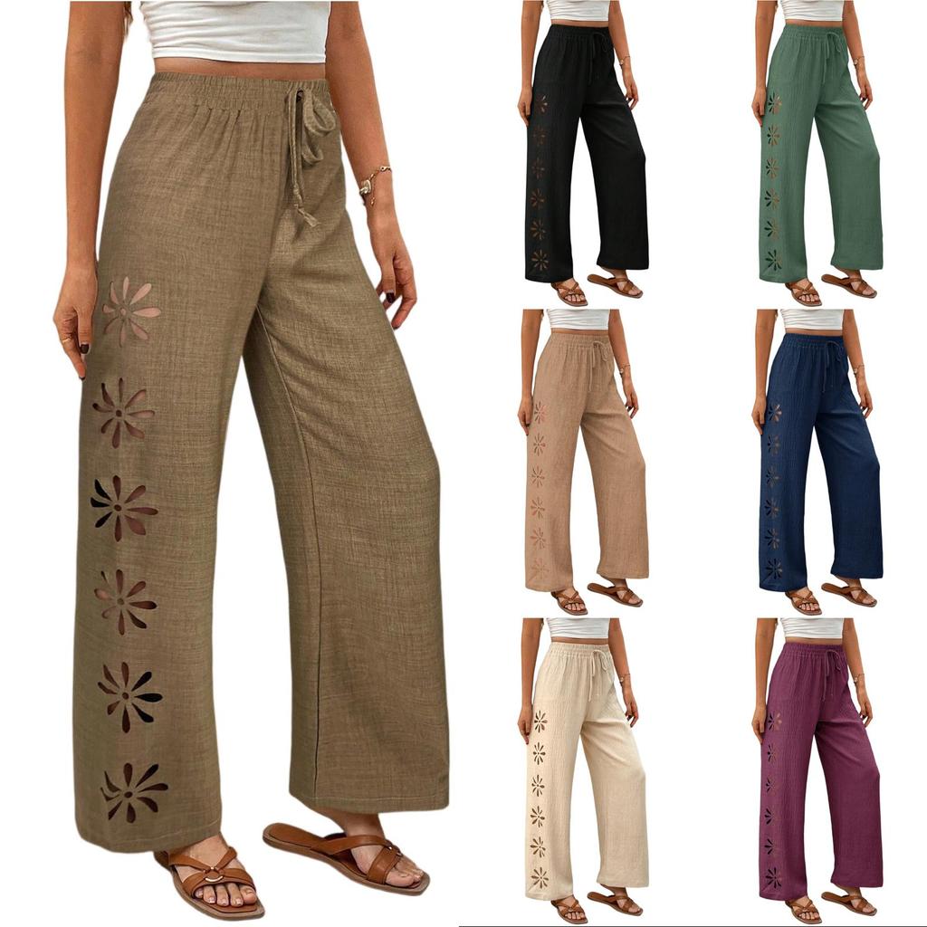 Womens Summer Beach Pants Boho Drawstring Elastic Waist Hollow Out Wide Leg Casual Lightweight Trousers