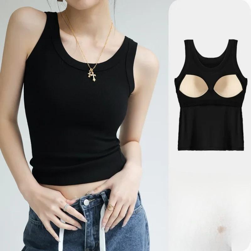 

New Women Solid Round Neck Ribbed Tank Top Camisole Women Summer Basic Elastic TankTop One-piece Vest with Chest Pad M чёрный