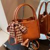 Fashion Vintage Bucket Bag Women PU Leather Top Handle Bag with Checkered Scarf Bow Large Capacity Shoulder Bag for Daily Commute and Outings