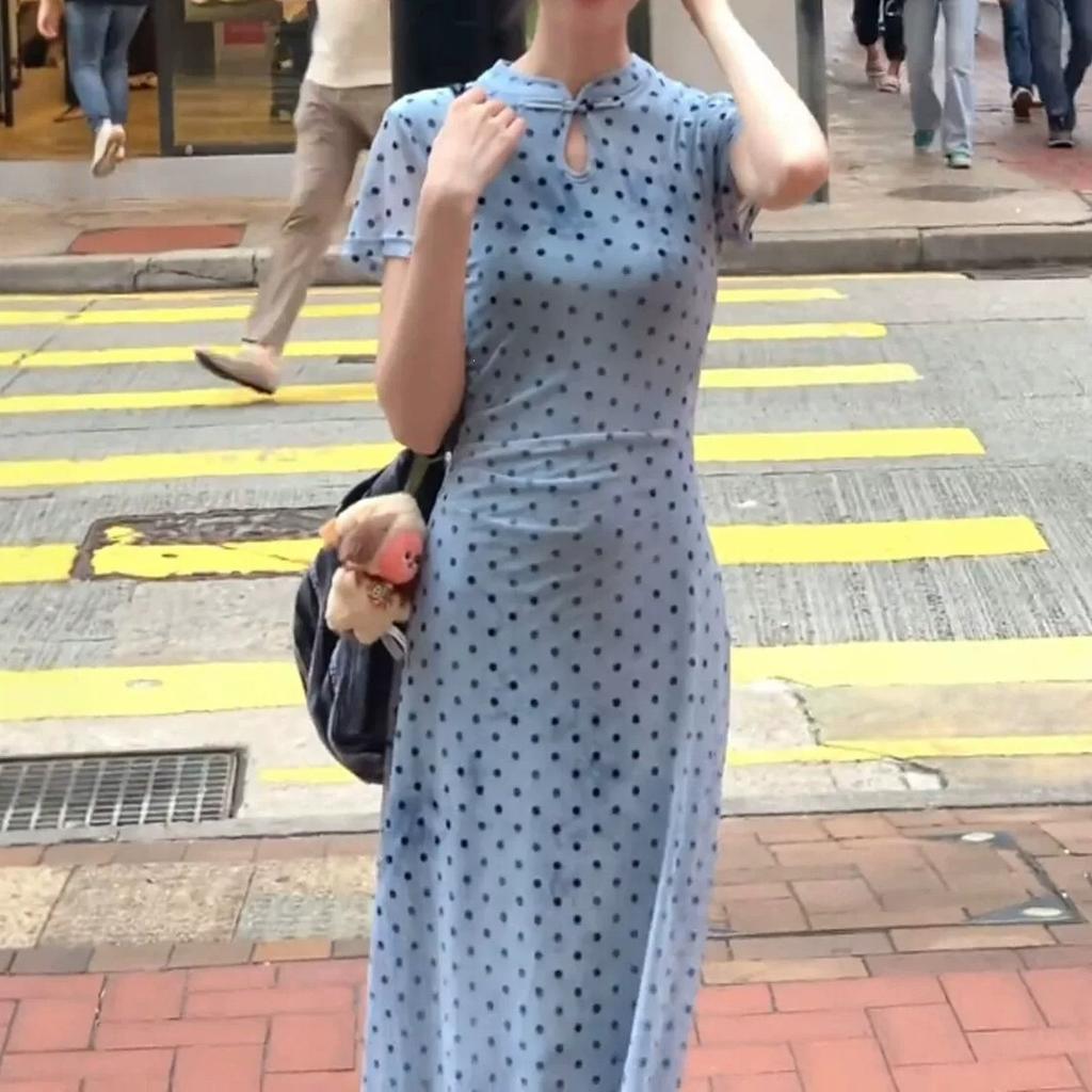 New Chinese style cheongsam collar blue polka dot buckle dress women's summer new slim waist and hip long dress
