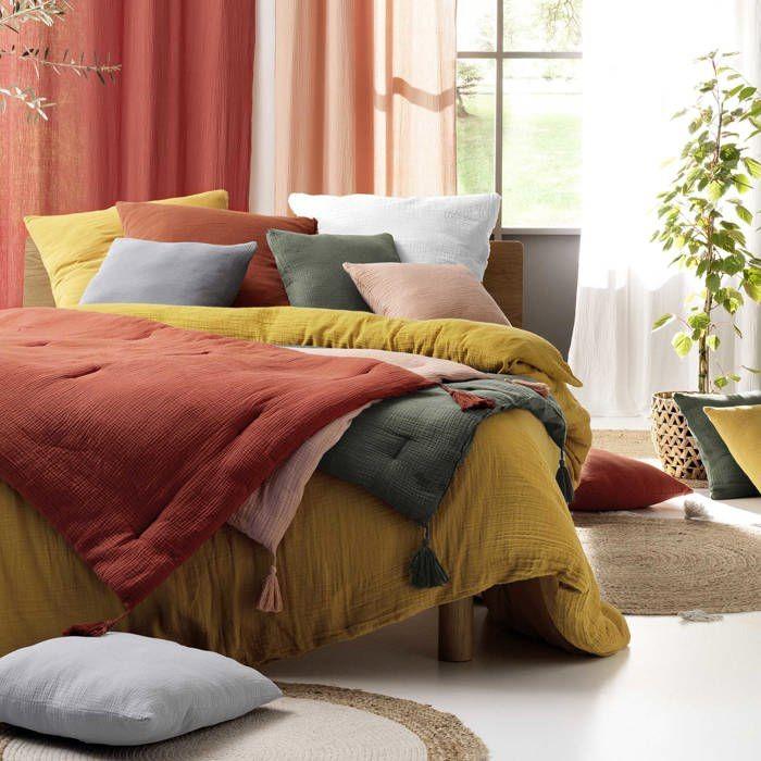 Drap housse gaze de coton 160 x 200 cm tendance uni terracotta