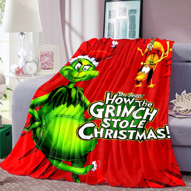 Cute Cartoon "The Grinch" Print Blanket – Warm Winter Flannel Throw; Festive, Unique Sofa & Nap Blanket
