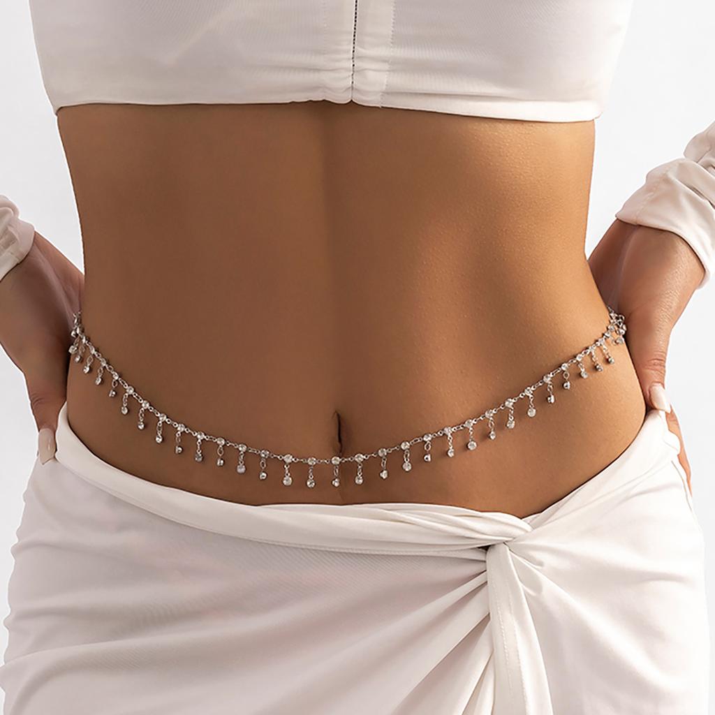 Sexy Geometric Beach Bikini Body Chain, Simple Rhinestone Fringed Single-Layer Waist Chain For Women