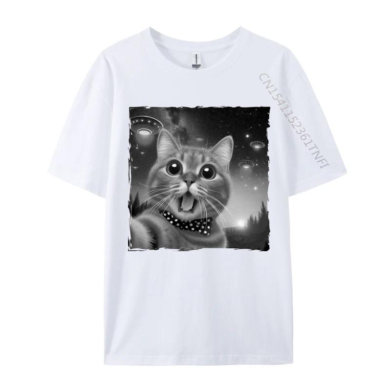 Selfie Cat In Space Tshirts Cute Cat Lovers Tops T Shirt Pure Cotton UFO And Cat Men Design Tops Shirt S