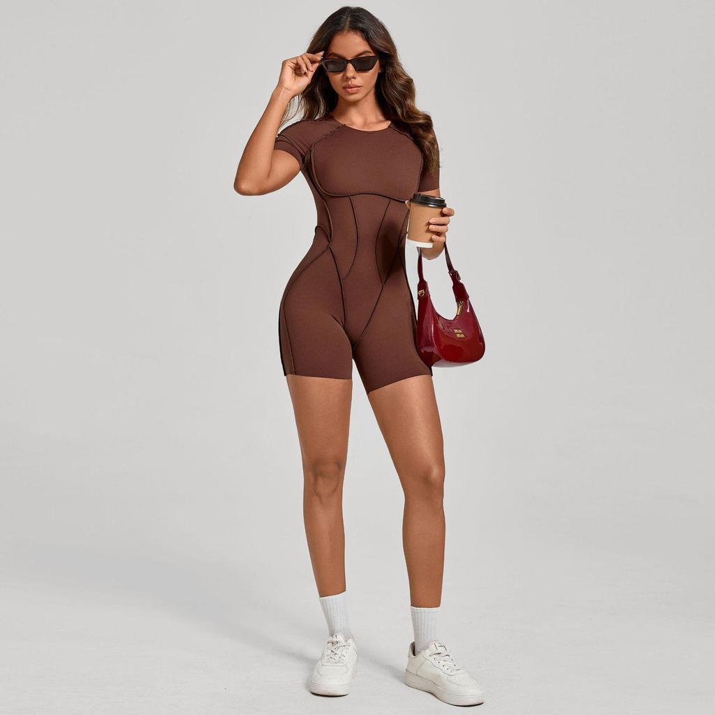 Europäischer & Amerikanischer 3D Ästhetischer Kurzarm Jumpsuit mit Offenem Rücken für Yoga und Fitness