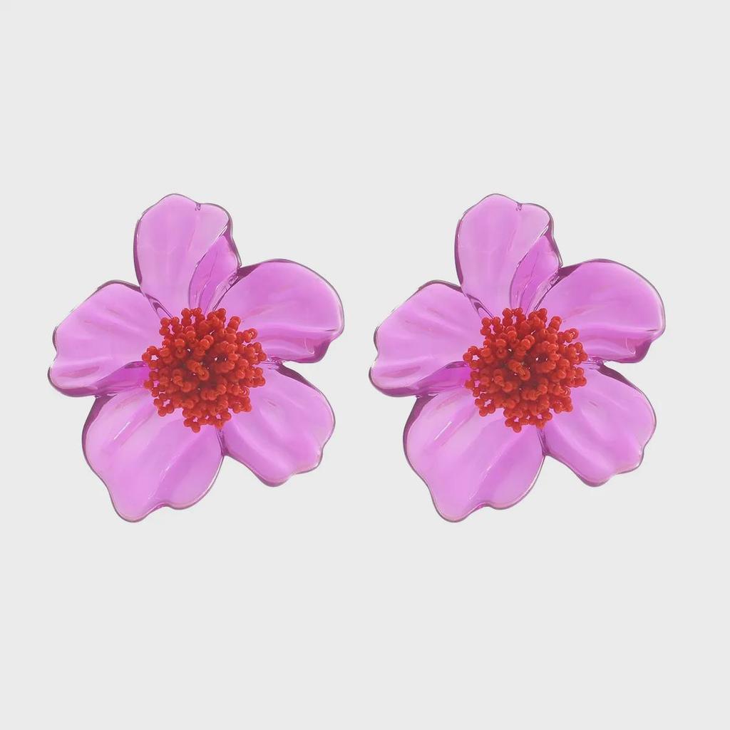 Large Purple Resin Flower Bohemian Handmade Beaded Earrings for Women