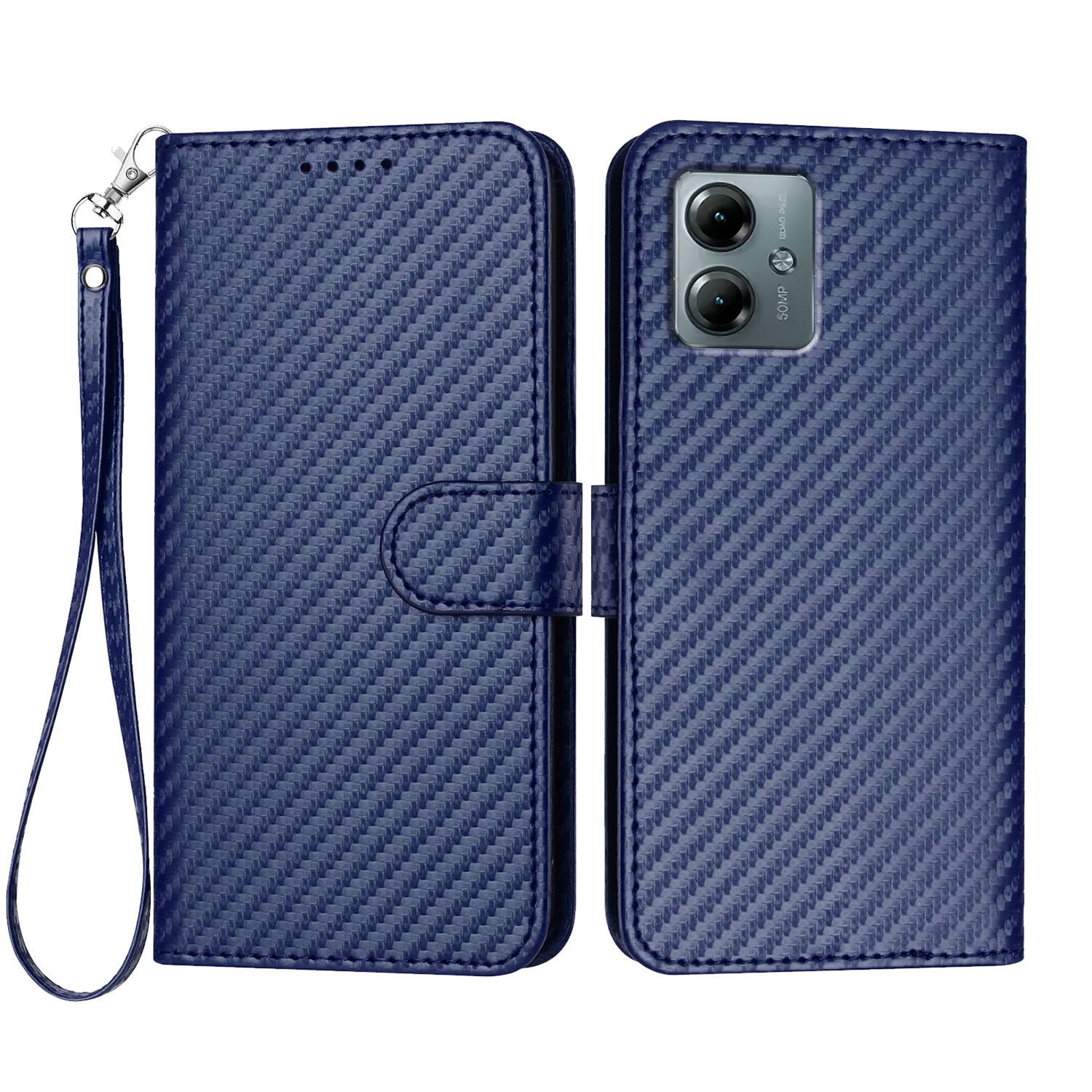 

For Motorola Moto G Power (2025)/Motorola Moto G Play (2025) 5G Wallet Case with Strap Carbon Fiber Texture Leather Mobile Cover Royal Blue
