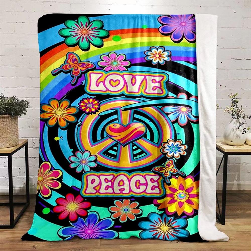 Love & Peace Rainbow Floral Design Blanket Flannel blanket for bedroom, living room, sofa, and nap sofas.