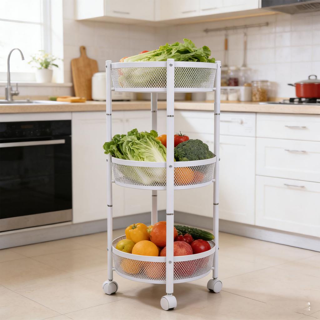 Carrito de Servicio Metálico Giratorio de 3 Niveles Multifuncional Plegable Redondo de Almacenamiento Carrito para Cocina