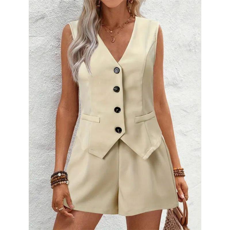 V-neck Button Vest Casual Shorts SETV Collar Button Vest Casual Shorts Suit