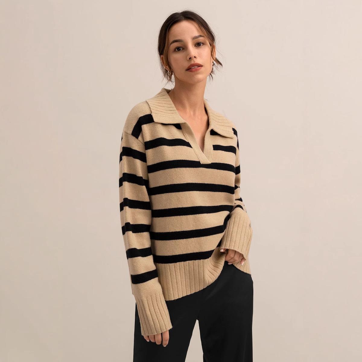 

Qooth Polo Collar Sweater Women Knitted Contrast Color Oversize Pullover Winter Autumn QT2752 S